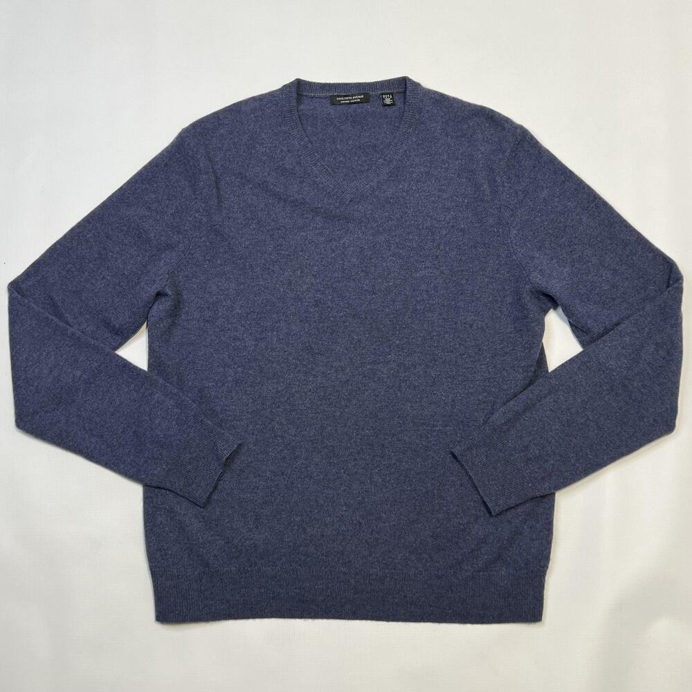 Saks Fifth Avenue Sweater Mens Large Blue Cashmere Pullover V Neck Soft Classic